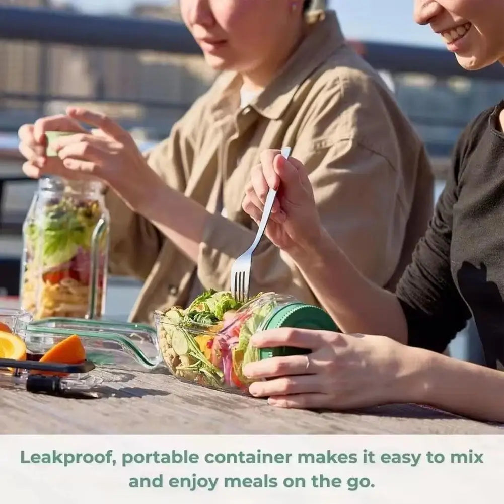 Portable Salad Container Jar with Fork and Dressing Layer Leakproof Lunch Container for Meal Prep Office Travel Outdoor Use