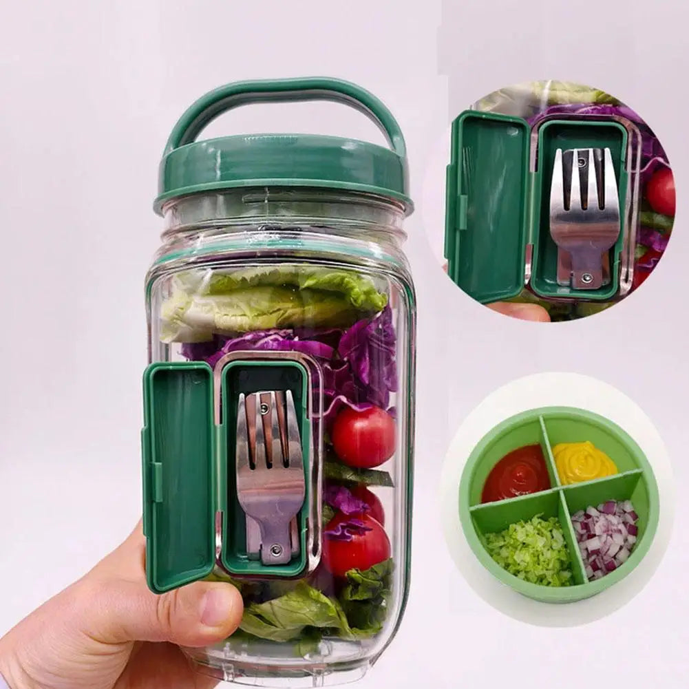 Portable Salad Container Jar with Fork and Dressing Layer Leakproof Lunch Container for Meal Prep Office Travel Outdoor Use
